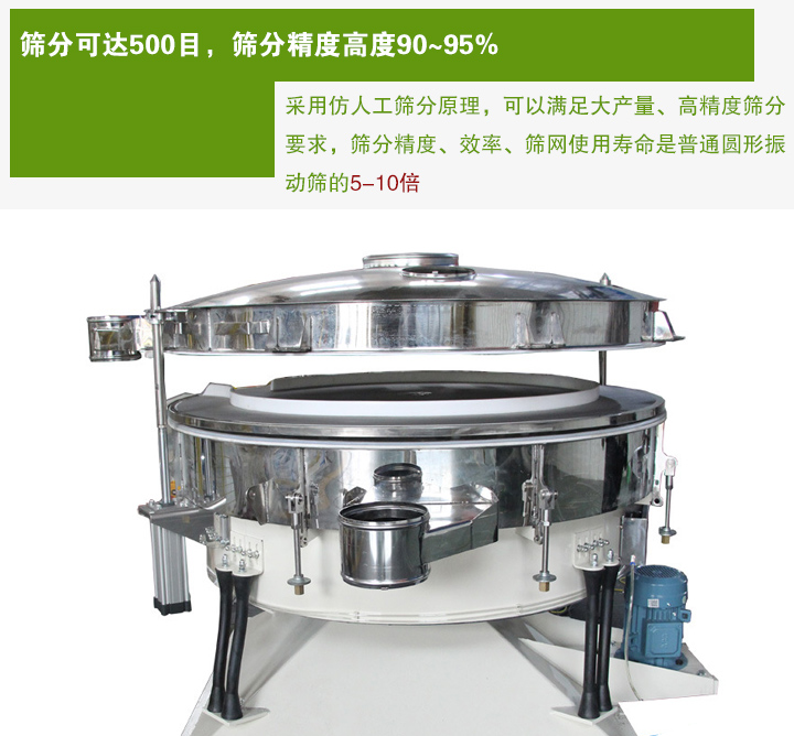 搖擺篩分機(jī)采用仿人工篩分原理，可以滿足大產(chǎn)量、高精度篩分 要求，篩分精度、效率、篩網(wǎng)使用壽命是普通圓形振 動(dòng)篩的5-10倍